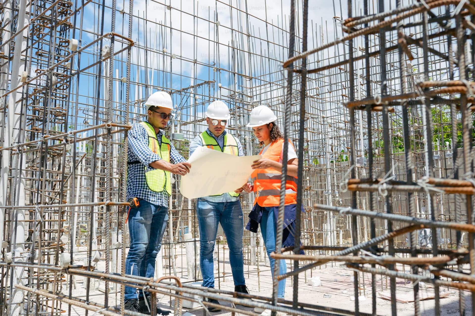 Équipe d'artisans consultant des plans sur chantier